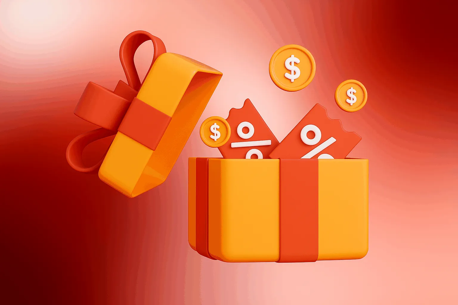 Casino Bonus und Sonderaktionen 3D-Geschenkbox mit Bonusmünzen und Rabattcoupons