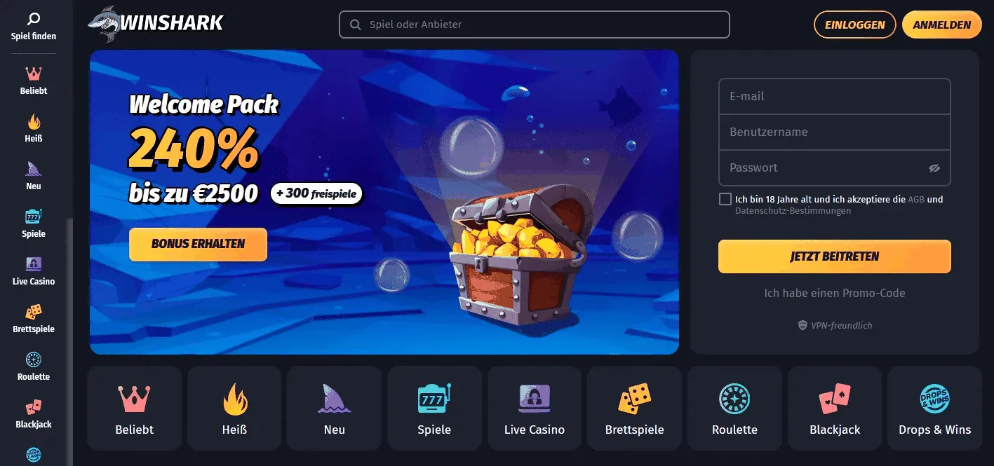 Winshark Online Casino Webseite Winshark Casino Startseite